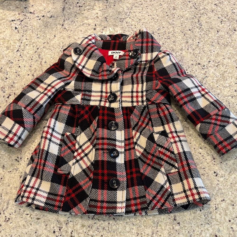 DKNY Kids 3T Checkered Pea Coat - Red, Black, and White